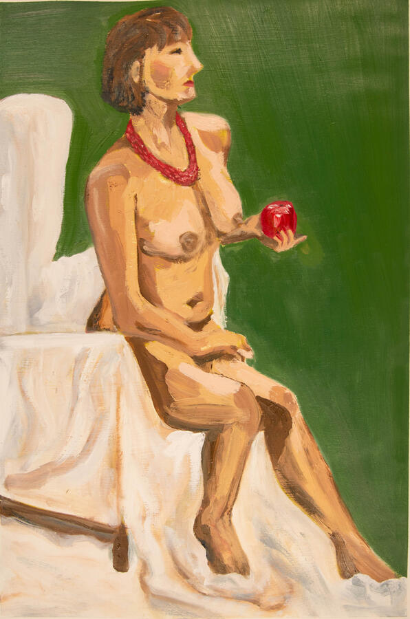 "Lisa, Figure in Green and Red," 2023. Oil painting on paper, 20 x 28 inches, matted/framed, $600.