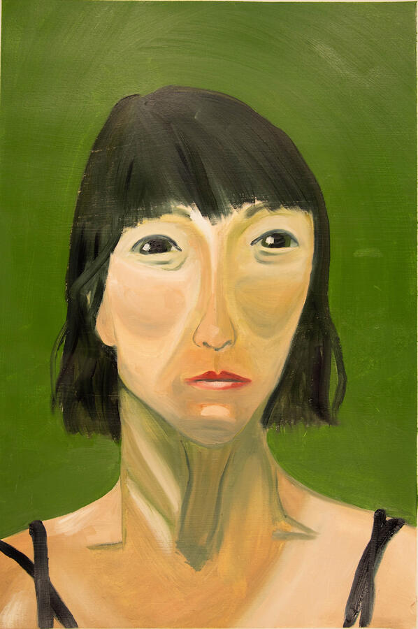 "Lisa, Portrait in Green," 2023. Oil painting on paper, 22 x 28 inches, matted/framed, $600.