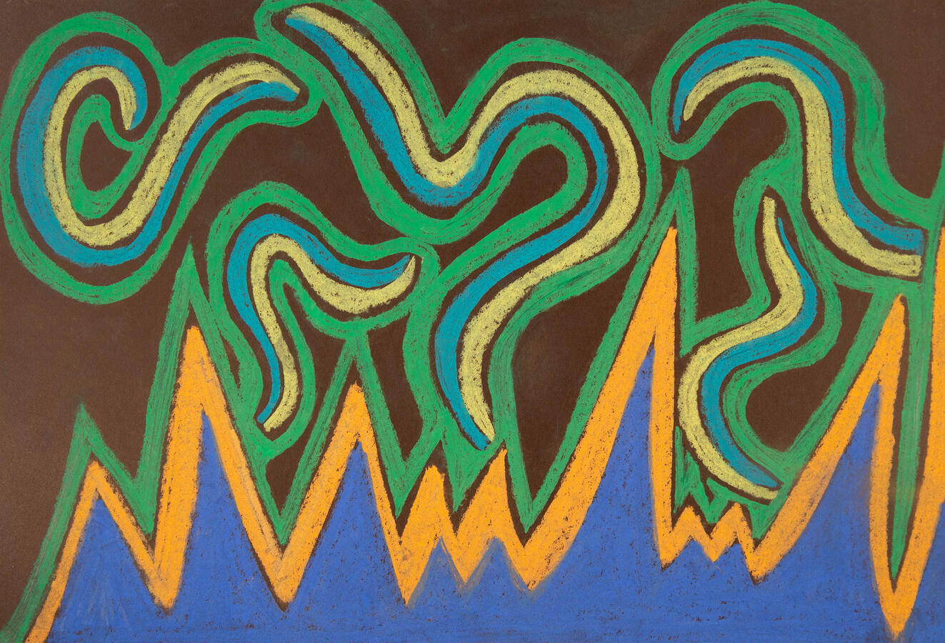 "Musical Mashup 1: Floating Fragments Above Booming Bass," 2022. Chalk pastel on paper, 21 x 29 inches, matted/framed, $250.