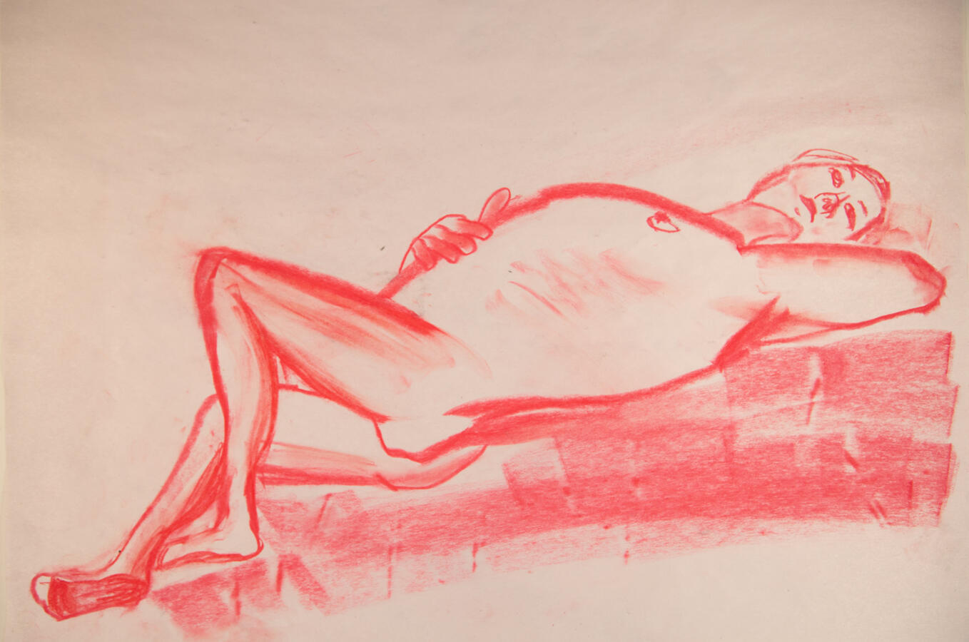 "Reclining Dancer in Red," 2023. Chalk Pastel on paper, 18 x 24, unframed, $40.
