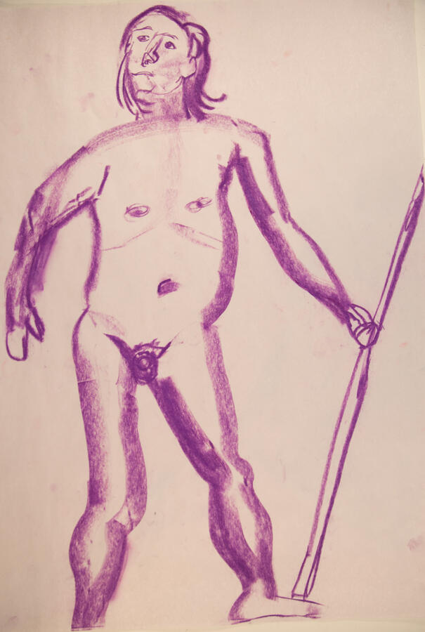 "Man with Pole in Purple," 2023. Chalk Pastel on paper, 18 x 24, unframed, $40.