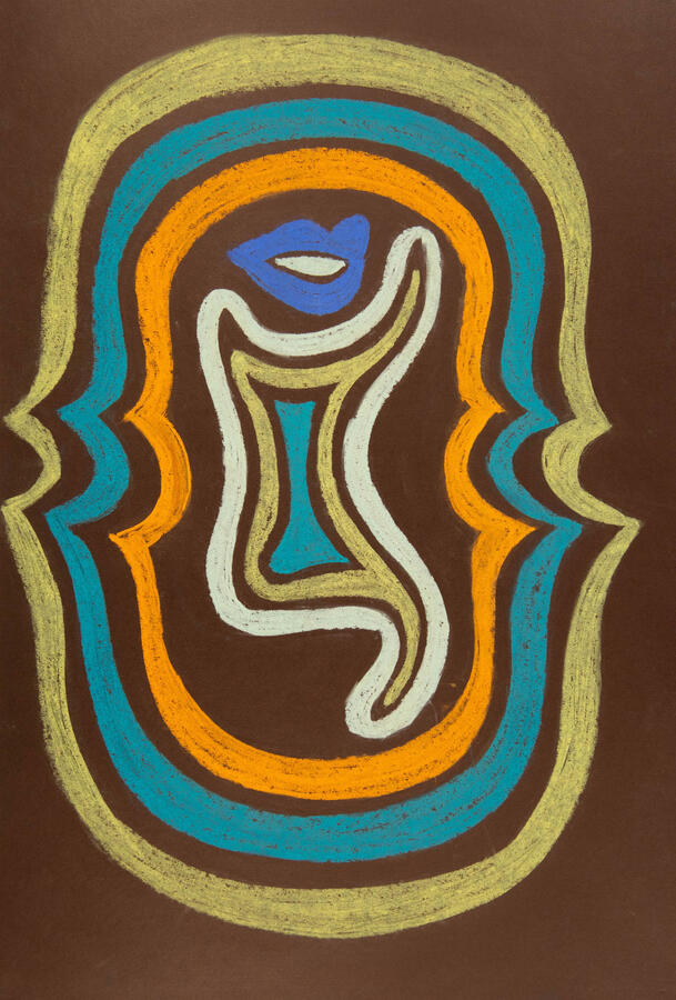 "Musical Mashup 3: Cell-Duckin [Voice Atop Bass Plate Inside Cello]," 2022. Chalk pastel on paper, 21 x 29 inches, matted/framed, $250.