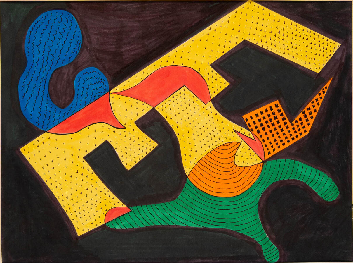 "Hummingbird, Swing Set, Horse, Boat," 2021. Mixed media on paper: Marker, string, embroidery floss, metallic confetti, cupcake liners, translucent plastic, paper doily, corrugated cardboard; 26 x 54 inches, matted/framed, $400.