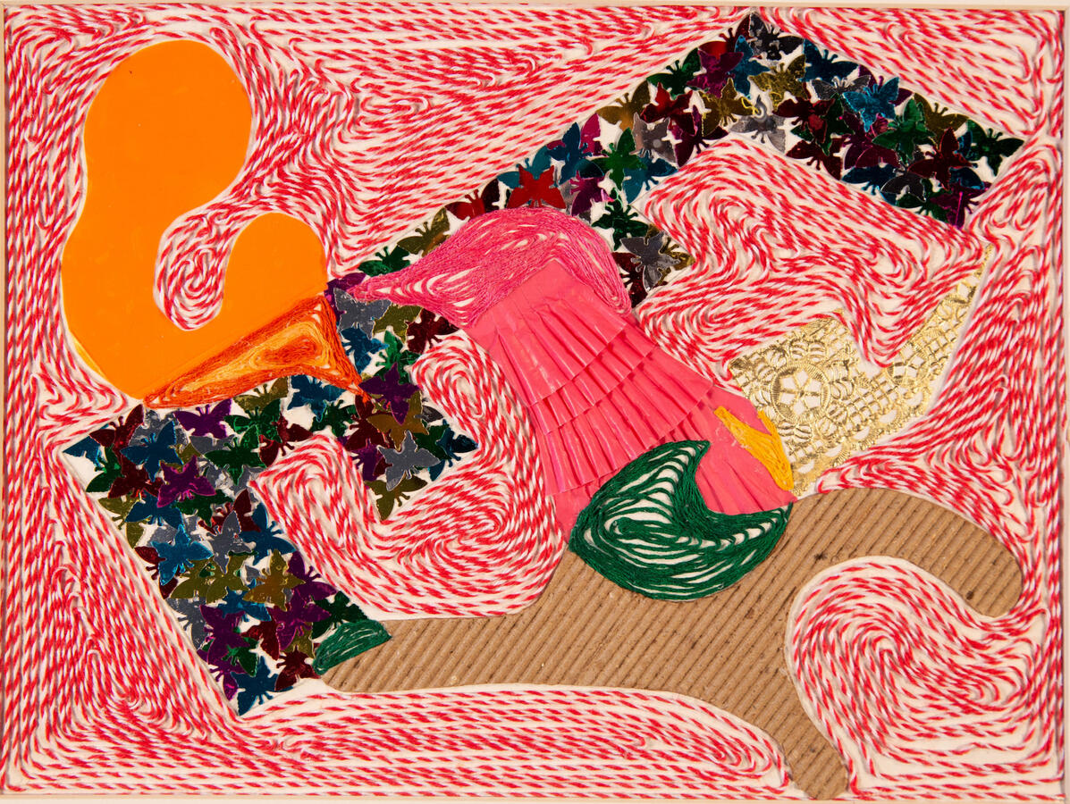 "Hummingbird, Swing Set, Horse, Boat," 2021. Mixed media on paper: Marker, string, embroidery floss, metallic confetti, cupcake liners, translucent plastic, paper doily, corrugated cardboard; 26 x 54 inches, matted/framed, $400.
