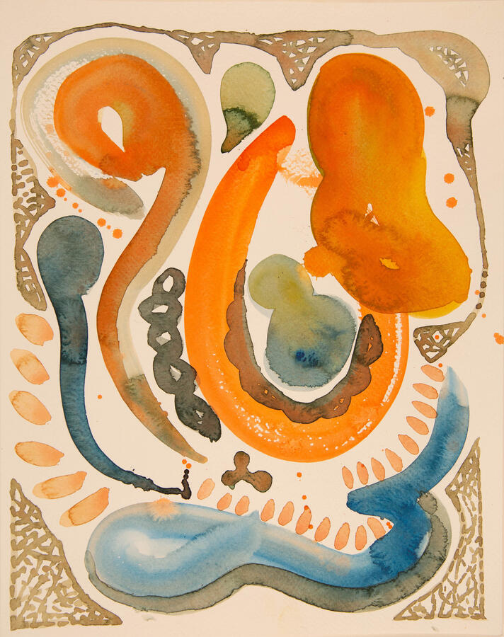 "Seeds: 1, Swimmers with Lacey Edges" 2022. Watercolor on paper, 12 x16 inches, matted/framed, $275.