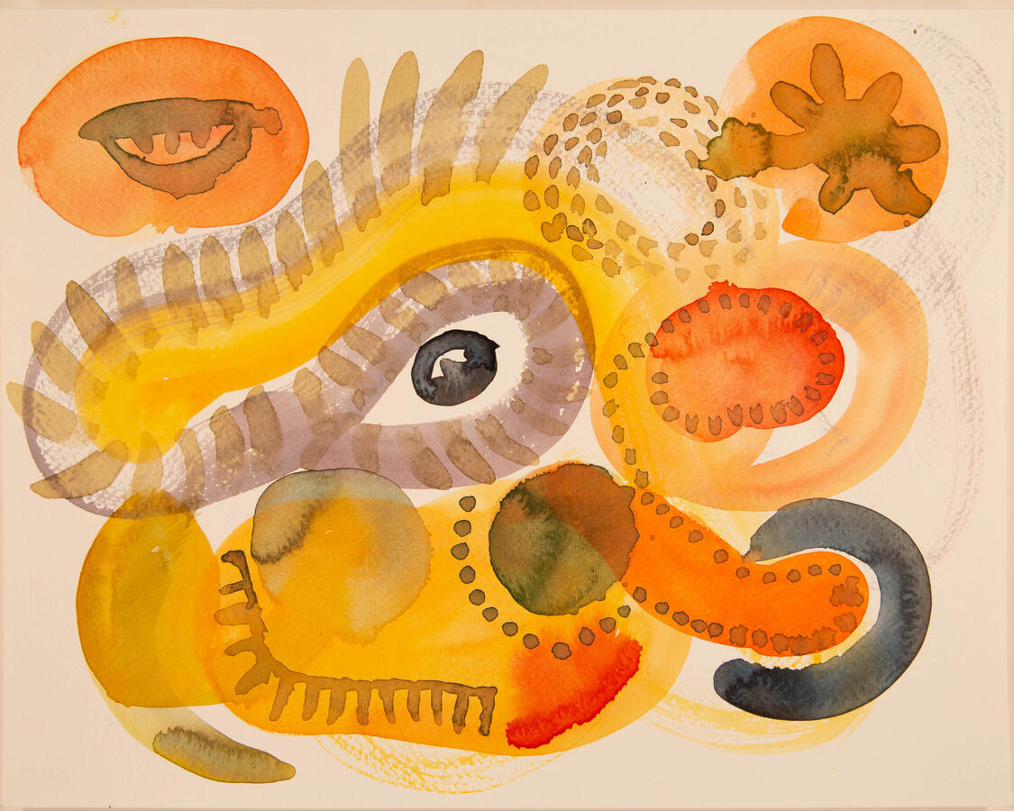"Creatures: 2, Dragon" 2022. Watercolor on paper, 16 x 12 inches, matted/framed, $275.