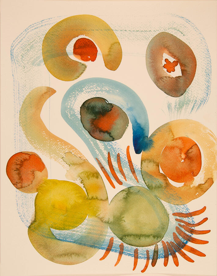 "Alive: 2, Cosmic Bursts" 2022. Watercolor on paper, 12 x 16 inches, matted/framed, $275.
