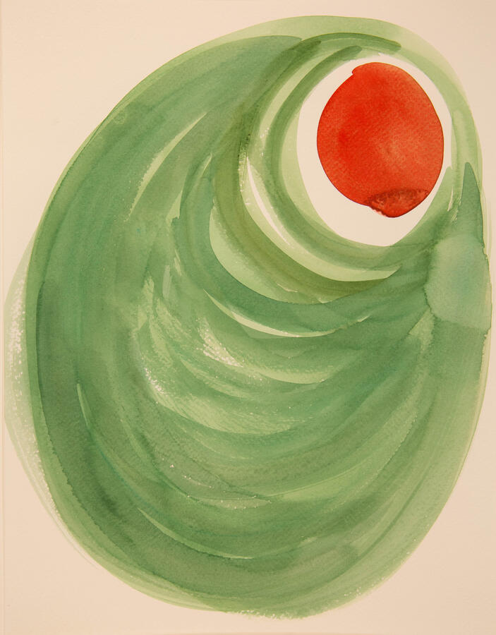 "Olive Abstractions: 2b," 2022. Watercolor on paper, 16 x 20 inches, matted/framed, $145.