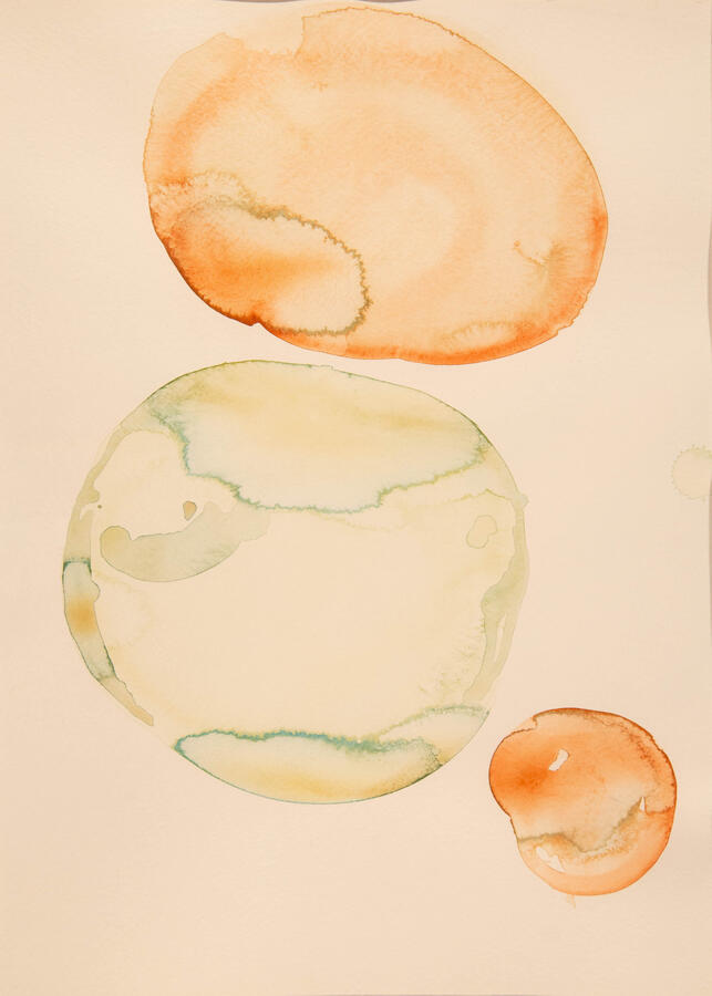 "Organic Abstraction: 3, Oxygen in Orange and Green," 2022. Watercolor on Paper, 16 x 20 inches, matted/framed, $275.