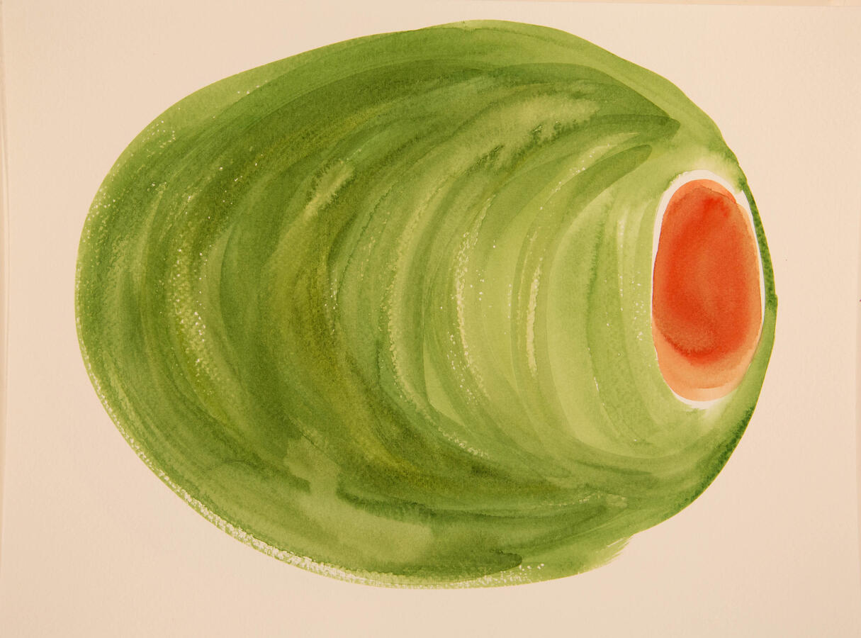 "Olive Abstractions: 3a," 2022. Watercolor on paper, 16 x 20 inches, matted/framed, $145.