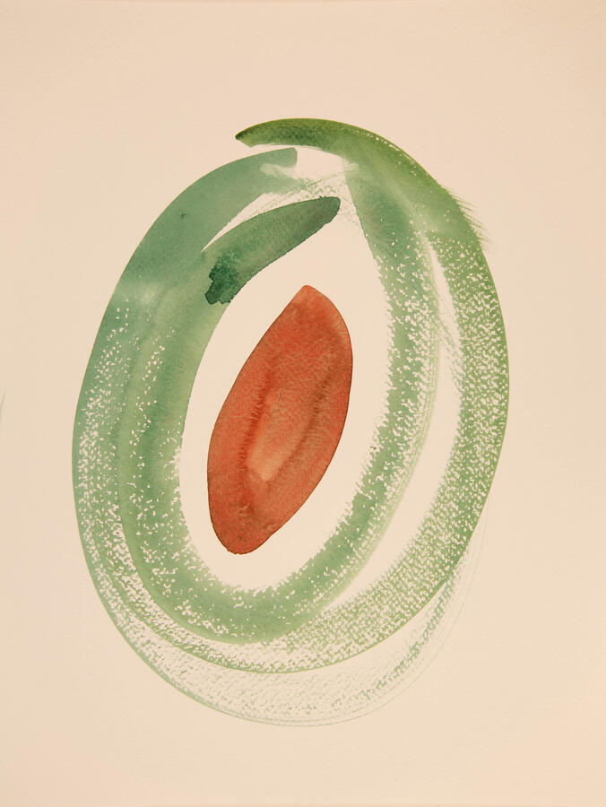 "Olive Abstractions: 5b," 2022. Watercolor on paper, 16 x 20 inches, matted/framed, $145.
