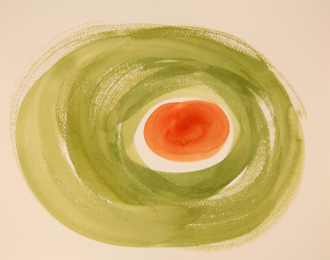 "Olive Abstractions: 3b," 2022. Watercolor on paper, 16 x 20 inches, matted/framed, $145.