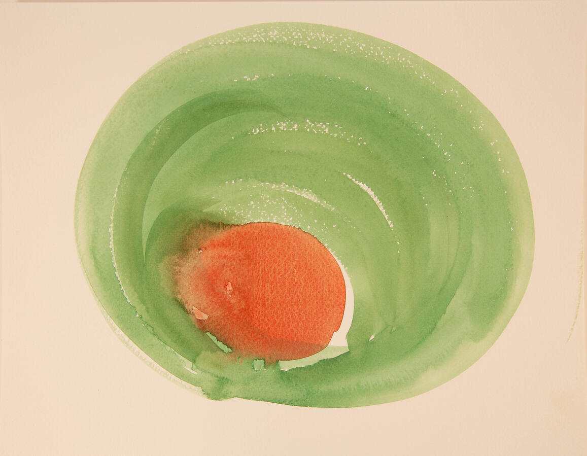 "Olive Abstractions: 2c," 2022. Watercolor on paper, 16 x 20 inches, matted/framed, $145.