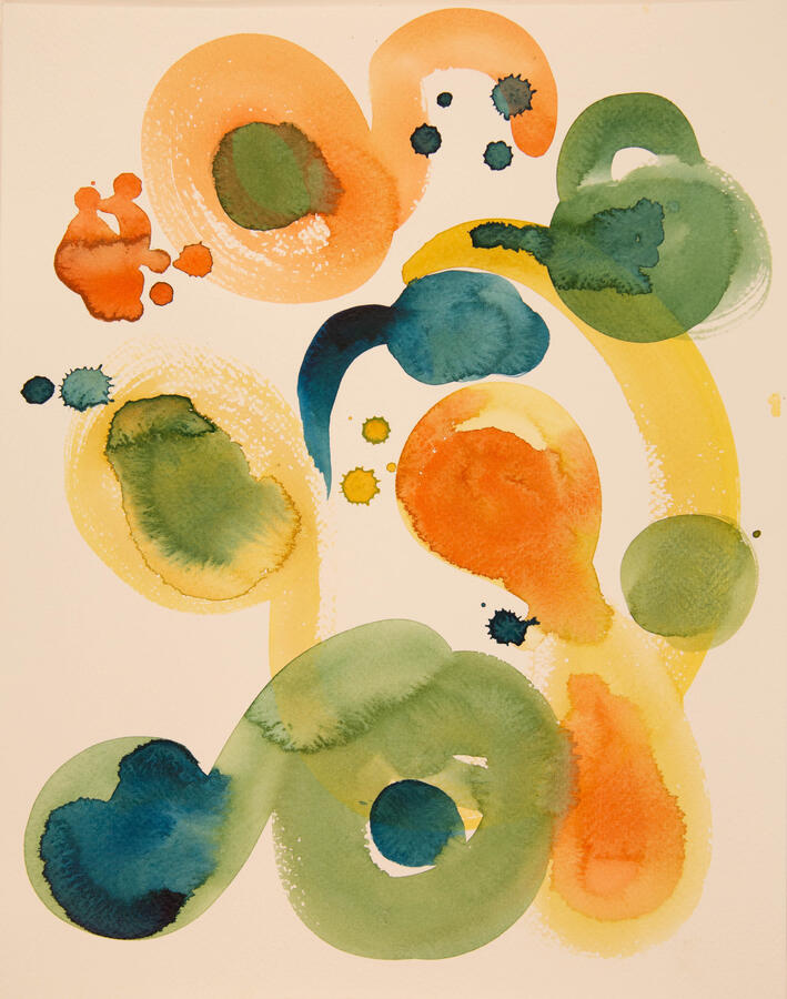 "Creation: 1, Tadpoles" 2022. Watercolor on paper, 12 x 16 inches, matted/framed, $275.