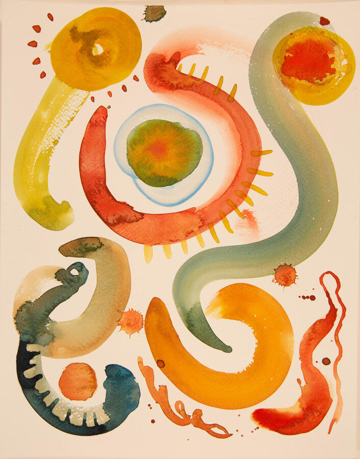 "Alive: 1, Planets and Sunflower," 2022. Watercolor on paper, 12 x 16 inches, matted/framed, $275.