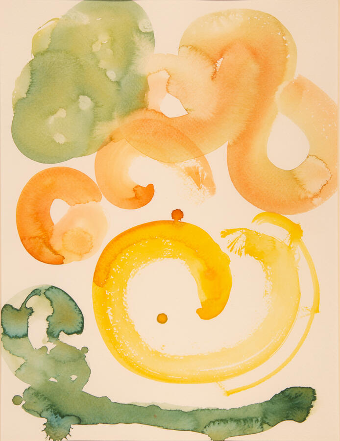 "Organic Abstraction: 4, Shrimp, Asaparagus, and Sunshine," 2022. Watercolor on Paper, 16 x 20 inches, matted/framed, $275.