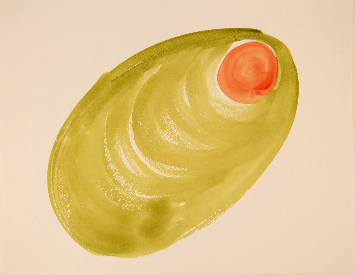 "Olive Abstractions: 1c," 2022. Watercolor on paper, 16 x 20 inches, matted/framed, $145.