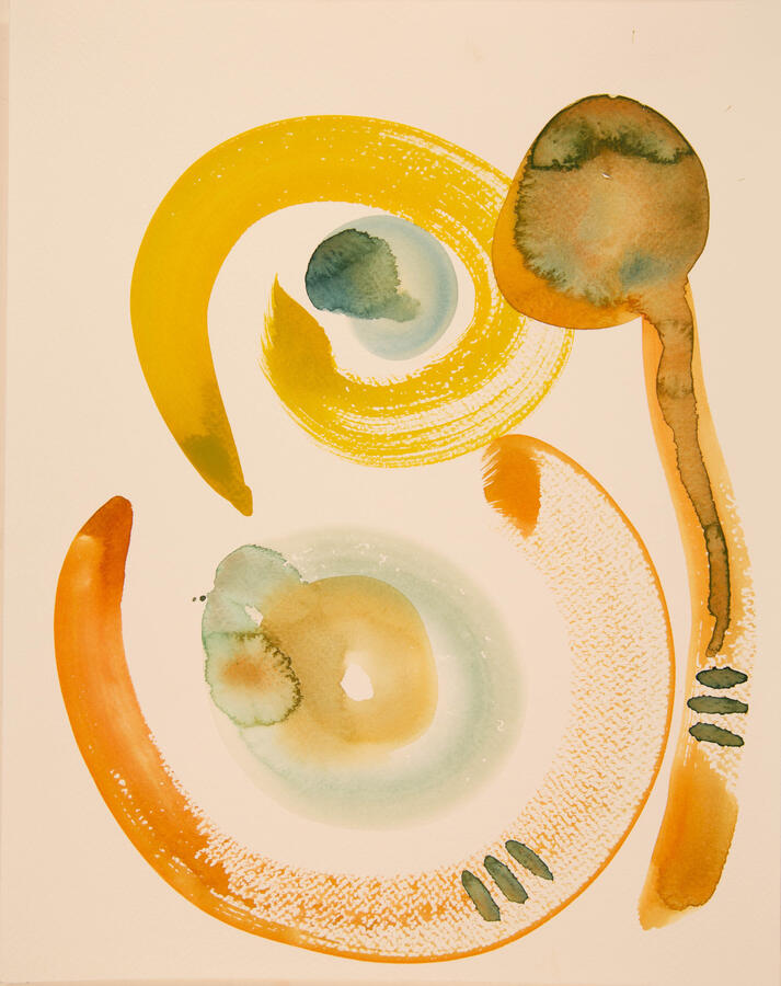 "Seed Pod: 2, Cosmic Pollination," 2022. Watercolor on paper, 12 x16 inches, matted/framed, $275.