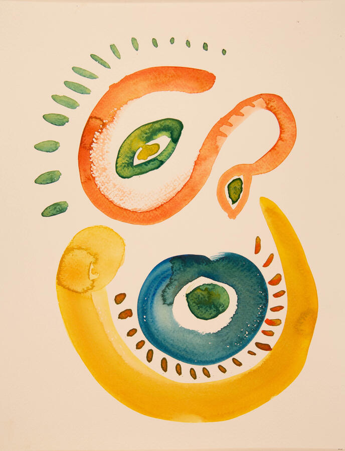 "Creation: 2, Snake and Egg," 2022. Watercolor on paper, 12 x 16 inches, matted/framed, $275.