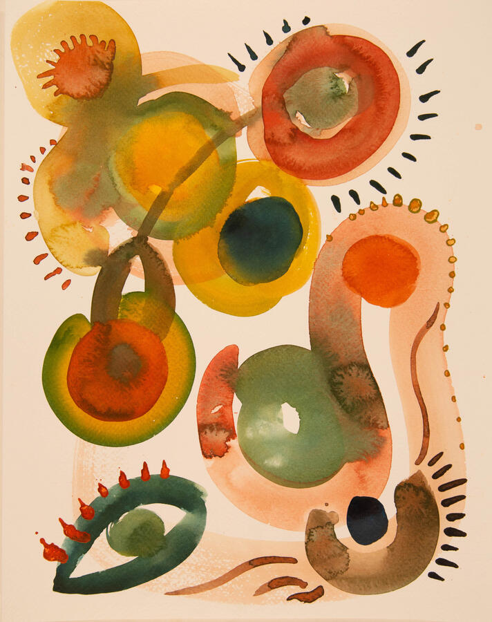 "Alive: 4, Eyes Everywhere" 2022. Watercolor on paper, 12 x 16 inches, matted/framed, $275.