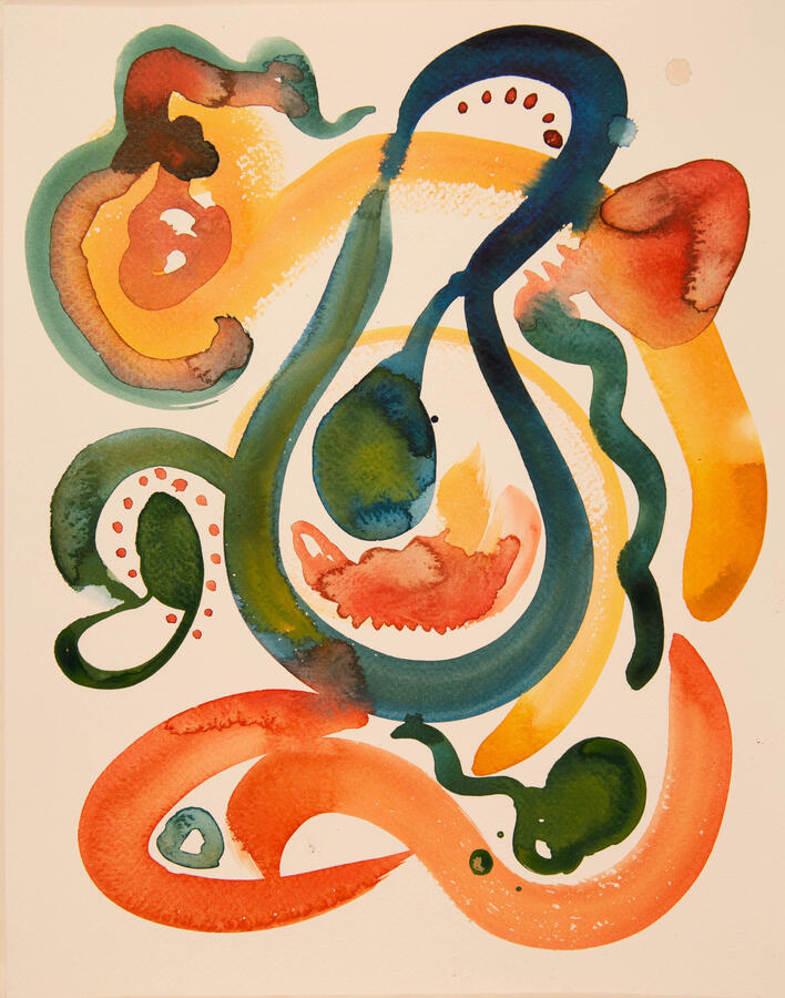 "Alive: 3, Fancy Tadpoles" 2022. Watercolor on paper, 12 x 16 inches, matted/framed, $275.