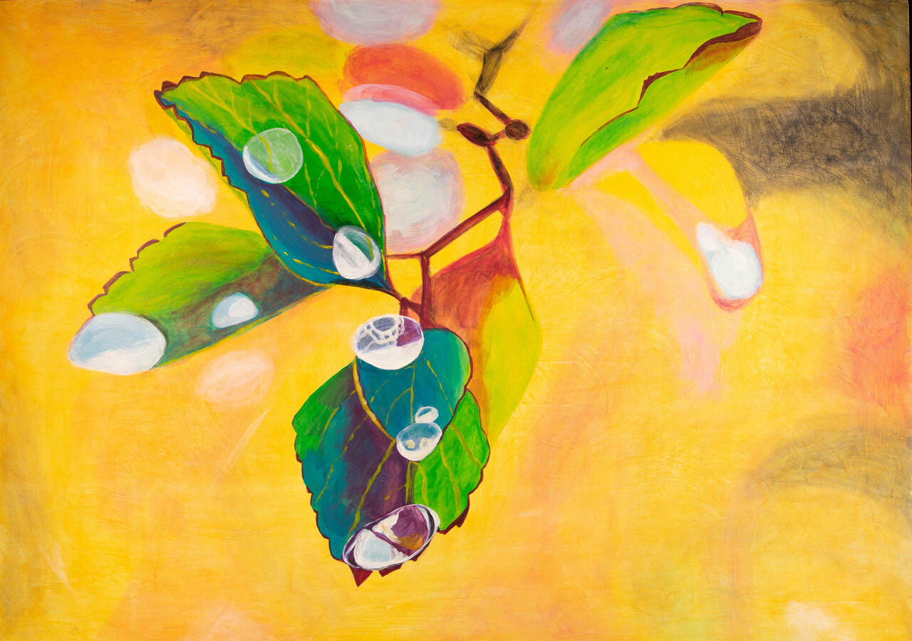 "Drenched in Sunshine," 2022. Acrylic on Hardwood, 34 x 24 inches, mounted on wooden cradle, $600.