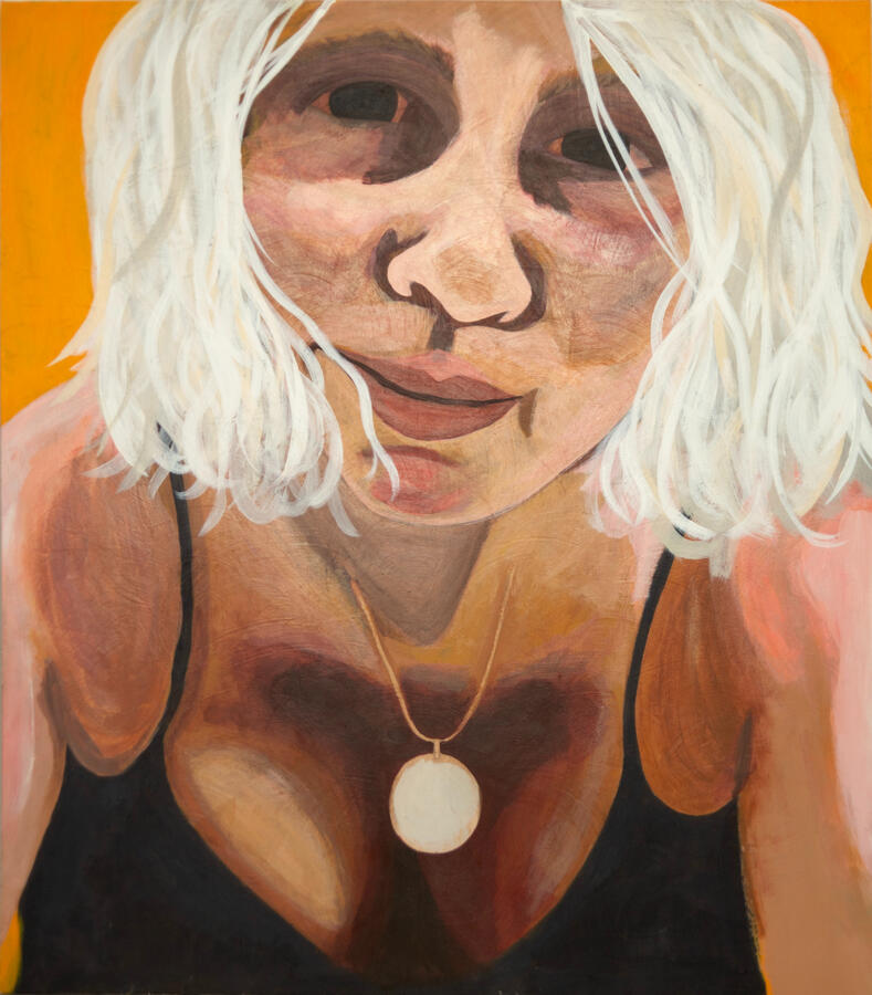 “Re-Awakening" [Self Portrait], 2022. Acrylic painting on hardboard, 30 x 34 inches, mounted on frameless wooden cradle, $450.