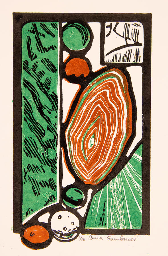 "Agate and Glass," 2022. Reduction and multi-plate print, 12 x 16 inches, matted/framed, $195.