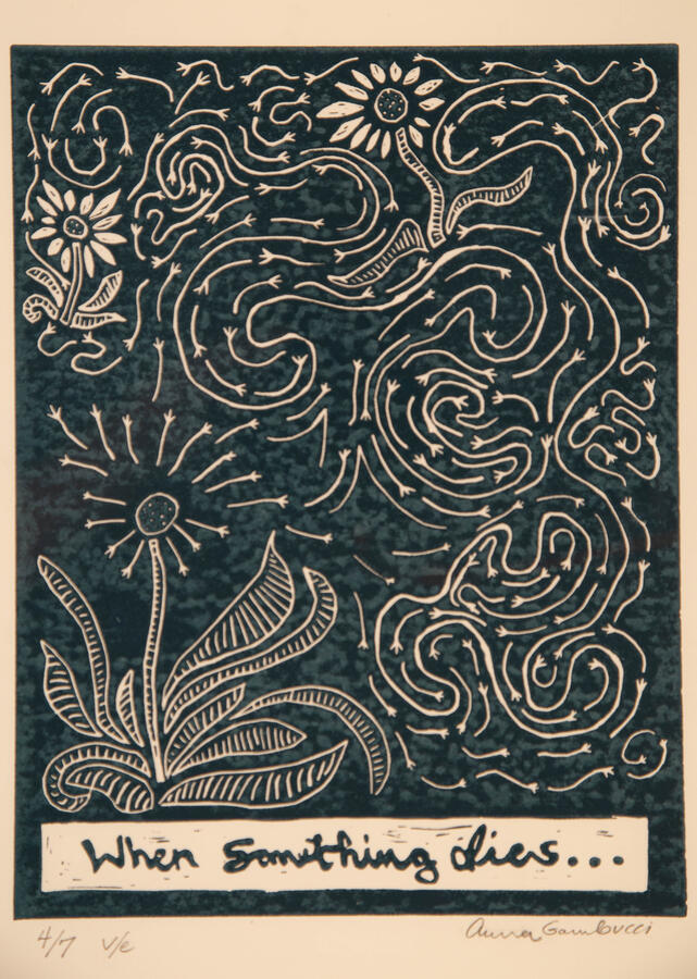 "When Something Dies," 2022. Lino print, 16 x 20 inches, framed, $195.