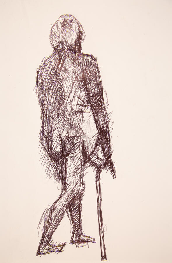 "Man with cane," 2023. Ballpoint pen on paper, 8.5 x 11 inches, unframed, $40.
