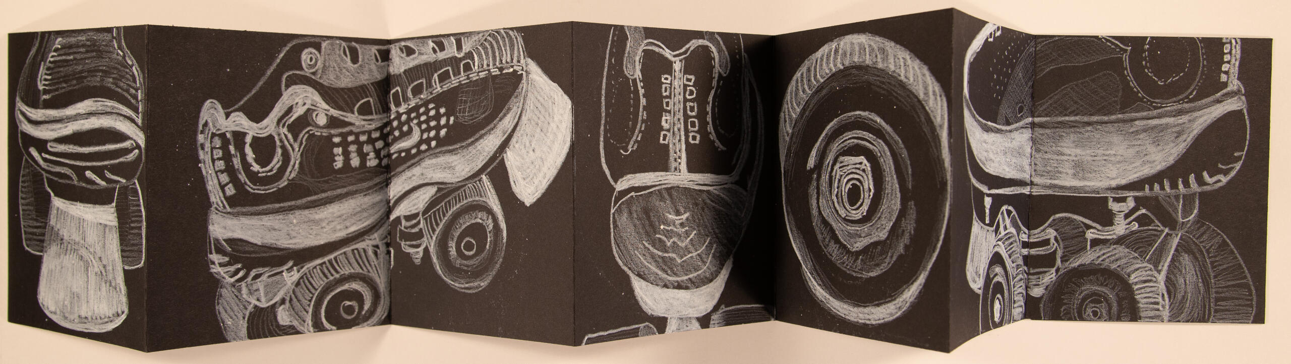 "Roller Skate Joy," 2022. Wax pencil on folded paper "booklet," unframed, $80.