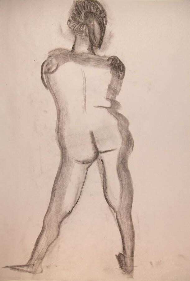 "Model Hugging Self," 2023. Charcoal on paper, 18 x 24, unframed, $40.
