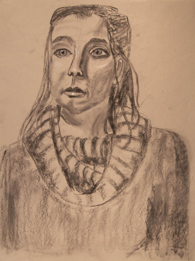 "Emily Indirect," 2023. Charcoal & white chalk on toned paper, 18 x 24 inches, unframed, $75.