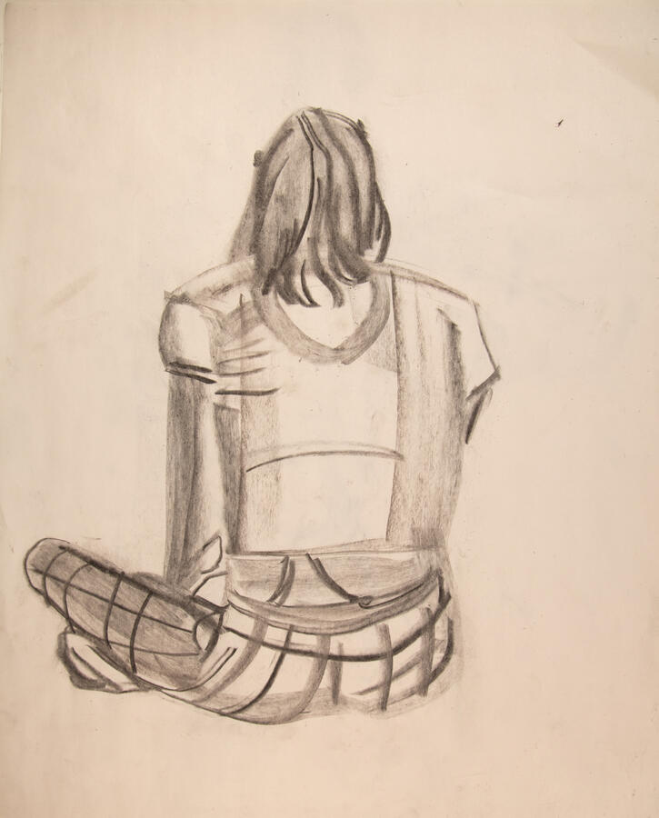 "Michele, Seated," 2023. Charcoal on paper, 18 x 24, unframed, $40.