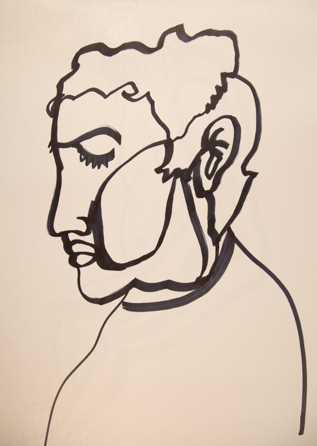 "Portrait: Max," 2023. Sharpie continuous line drawing on paper, 18 x 24 inches, unframed, $40.