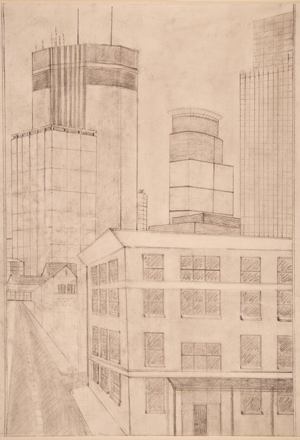"Skyline from Skyway," 2022. Graphite on paper, 18 x 24, unframed, $125.