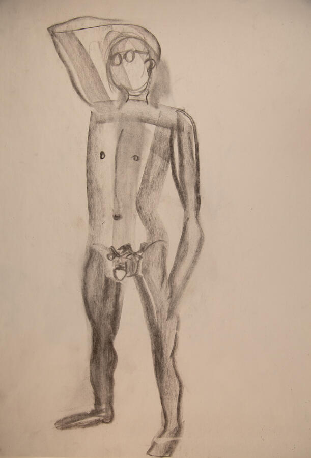"Model with Glasses," 2023. Charcoal on paper, 18 x 24, unframed, $40.