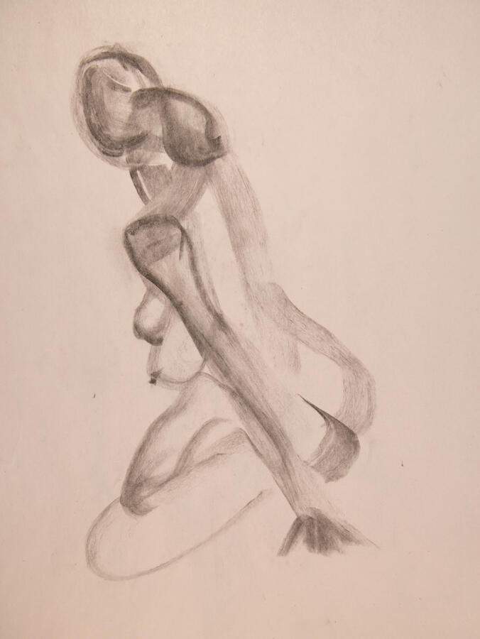 "Pretzel Legged," 2023. Charcoal on paper, 18 x 24, unframed, $40.