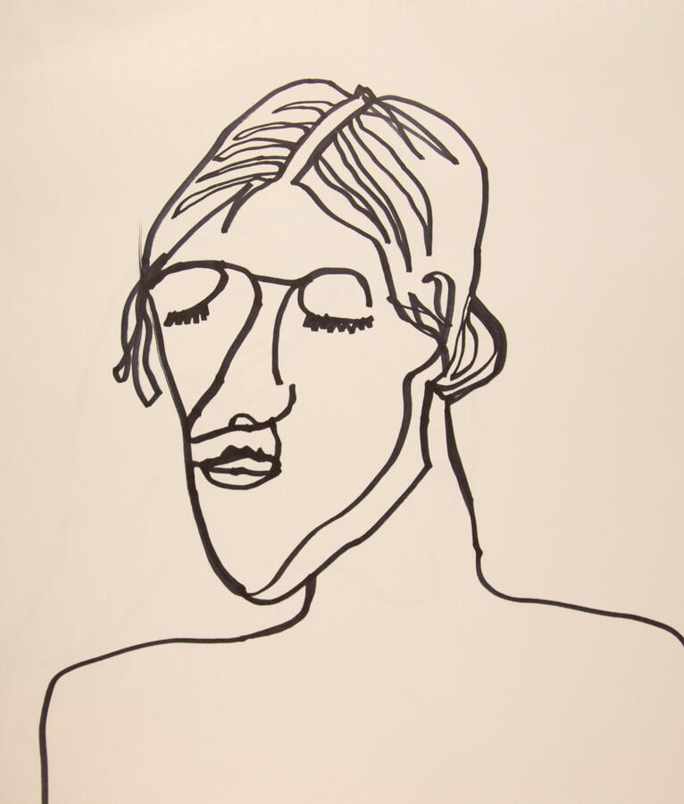 "Portrait: Claire," 2023. Sharpie continuous line drawing on paper, 18 x 24 inches, matted/framed, $40.