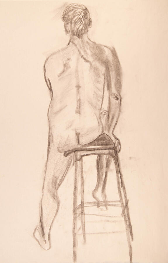 "Seated on Stool," 2022. Charcoal on paper, 18 x 24 inches, unframed, $40.