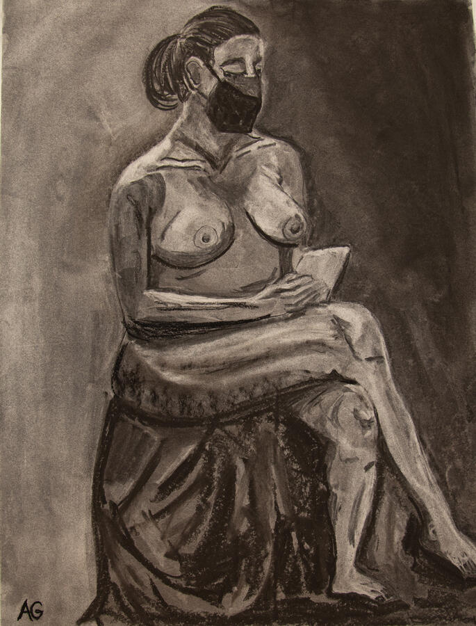 "Model Reading," 2023. Charcoal reductive drawing, 18 x 24 inches, $80.