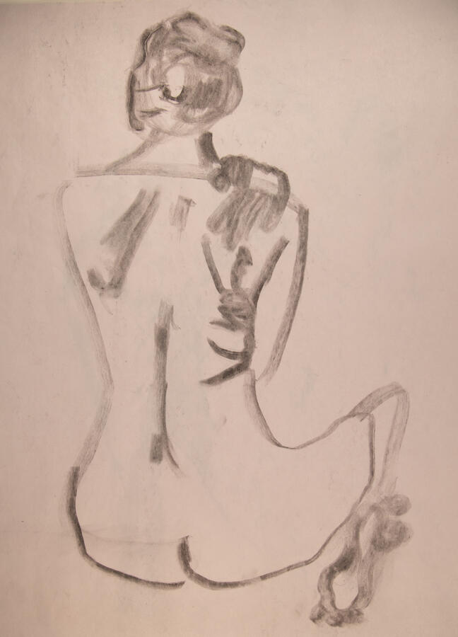 "seated model," 2023. charcoal on paper, 18 x 24, unframed, $40.