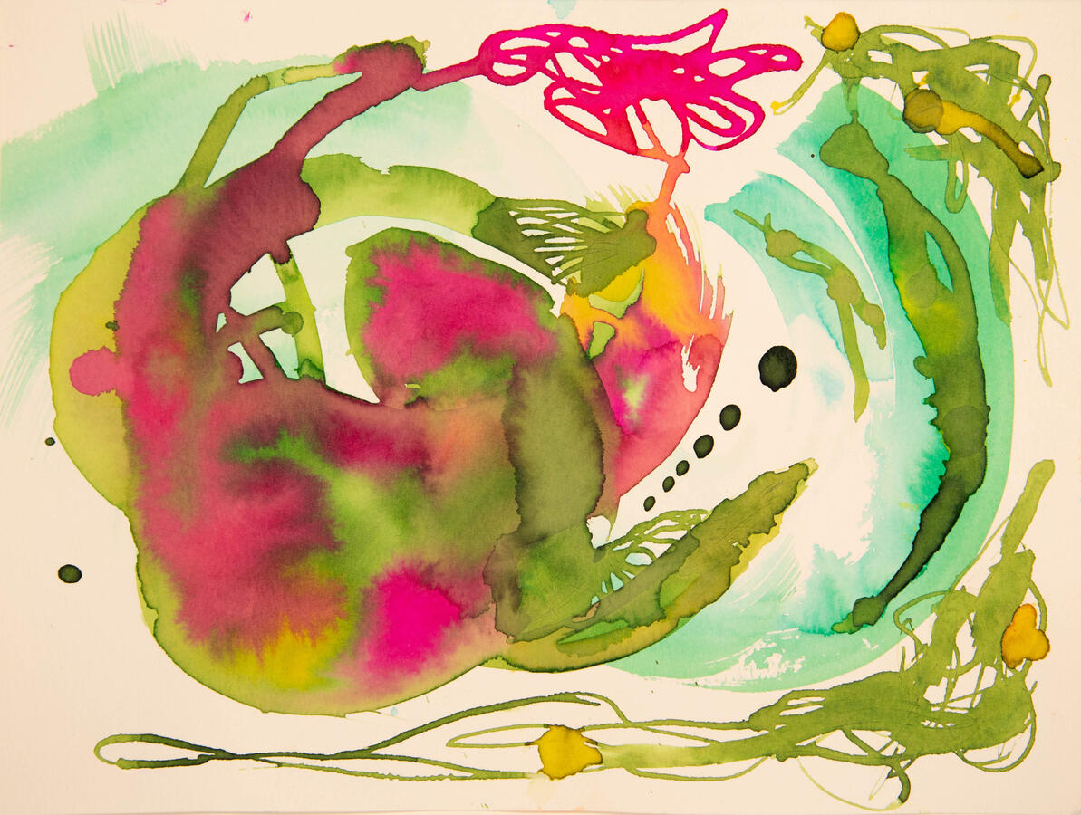 "Arcs & Animals: 3, Vibrant Fish in Telescoping Wave," 2022. Liquid watercolor on paper, 12 x 16 inches, matted/framed, $300.