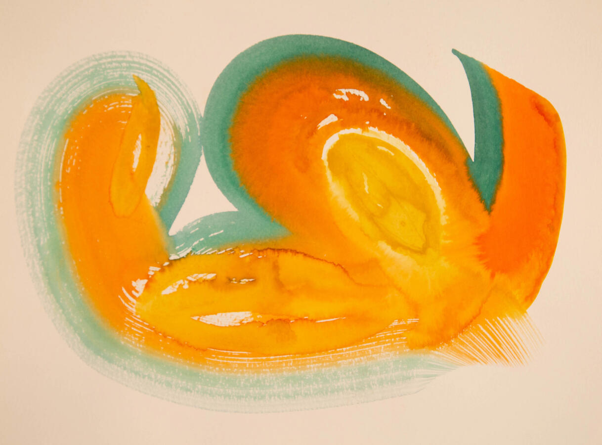 "Arcs & Animals: 2, Kernal Within Arc," 2022. Liquid watercolor on paper, 16 x 12 inches, matted/framed, $300.