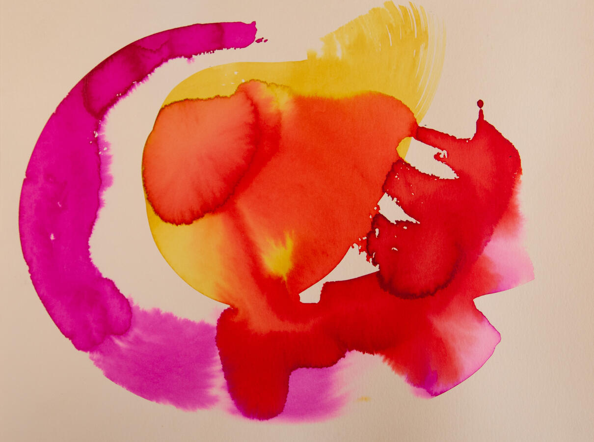 "Arches & Animals: 6, Energy Burst Inside Arc," 2022. Liquid watercolor on paper, 12 x 16 inches, matted/framed, $300.