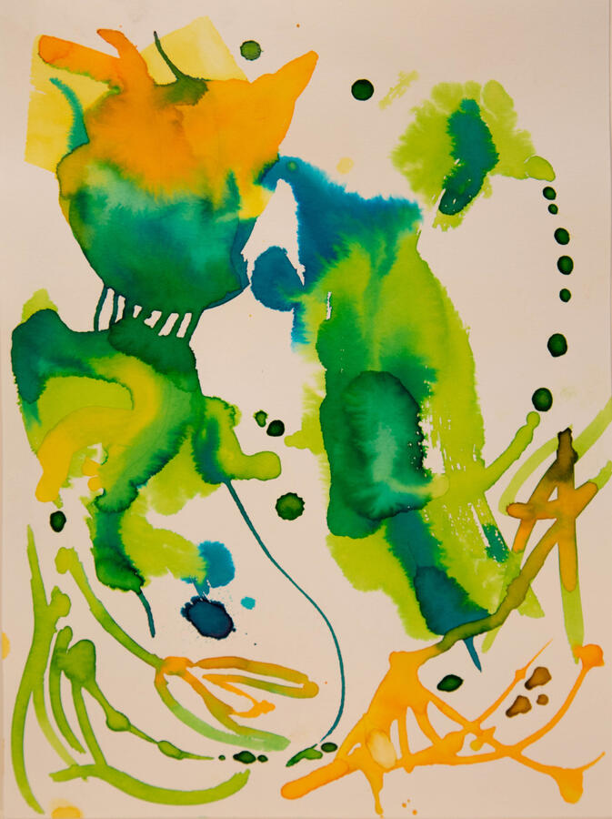 "Arches & Animals: 5, Tropical Birds and Zucchini Blossoms," 2022. Liquid watercolor on paper, 16 x 12 inches, matted/framed, $300.