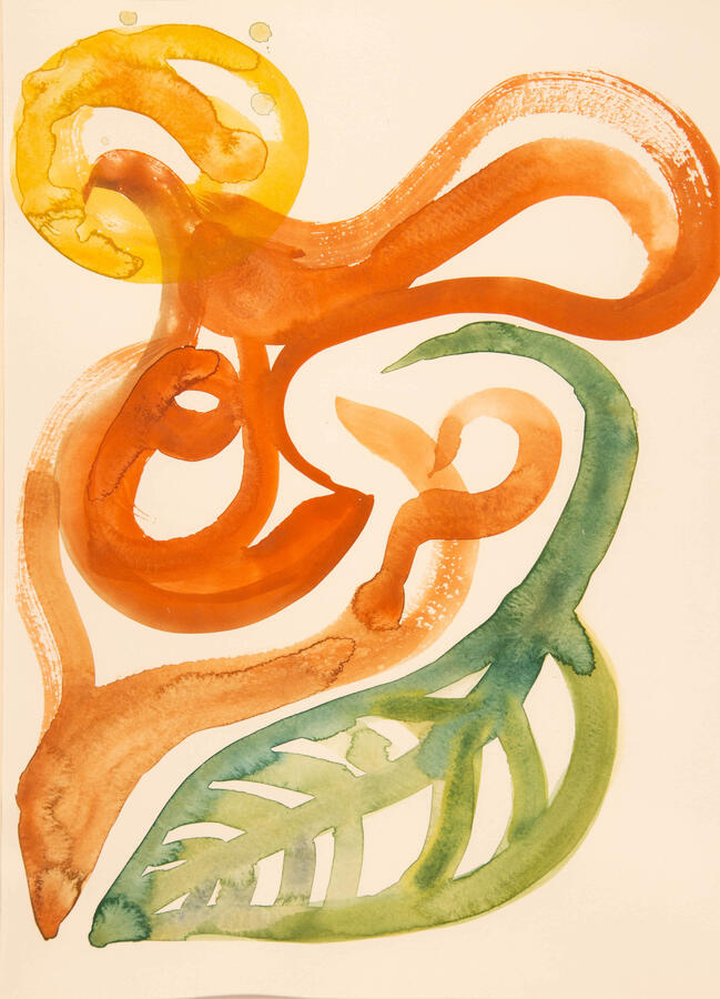 "Organic Abstraction 1: Moon Over Root and Leaf," 2022. Watercolor on Paper, 16 x 20 inches, matted/framed, $275.