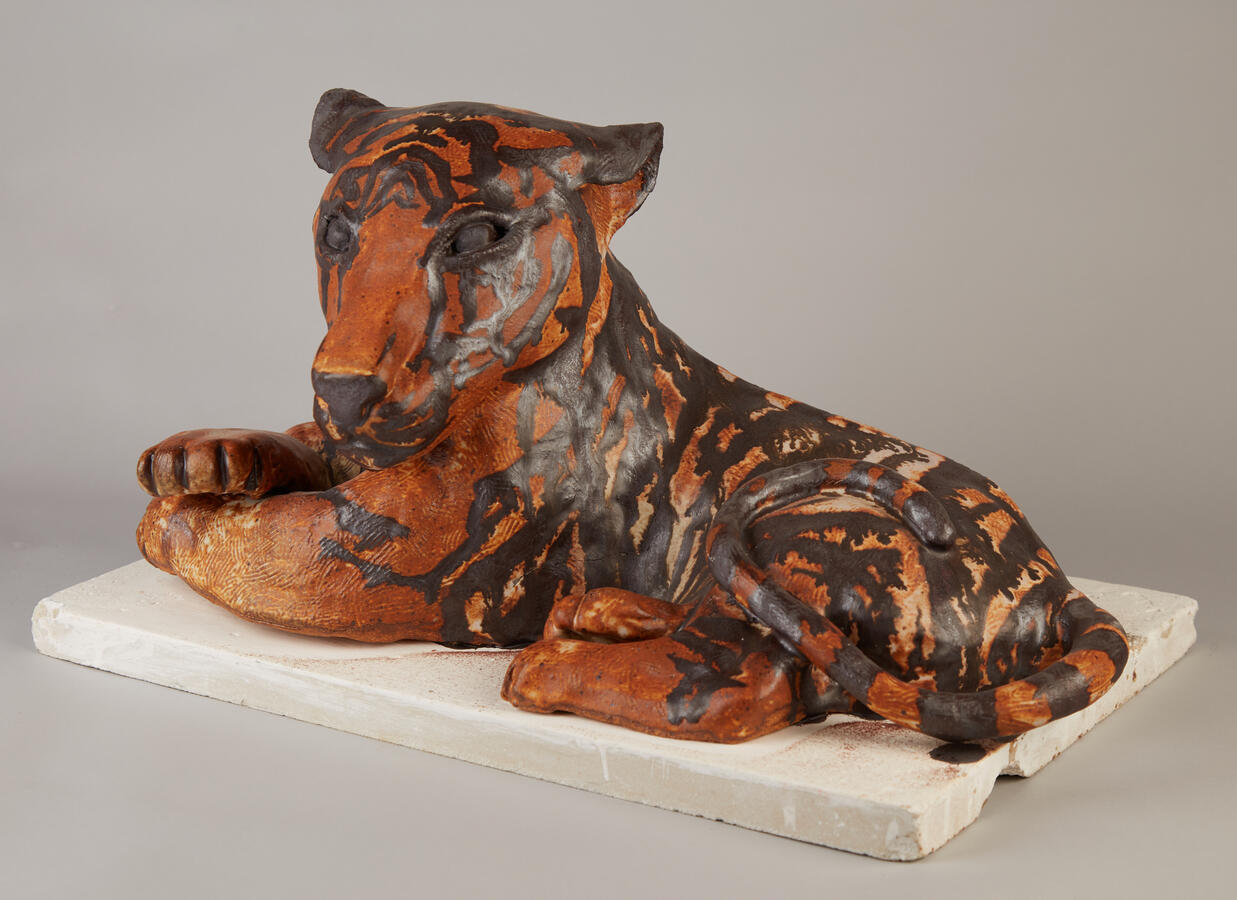 "Self Portrait: Tiger Cub/Tigress," 2021. Rakku clay, coil-built sculpture, 12 x 24 x 14 inches, $800.