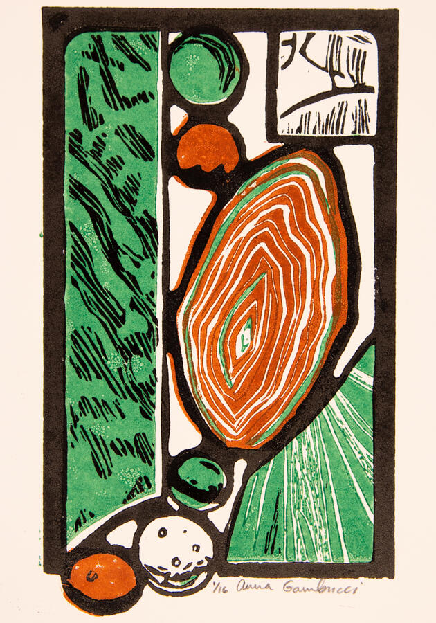 "Agate and Glass," 2020. Reduction and multi-plate print, 12 x 16 inches, matted/framed, $195.