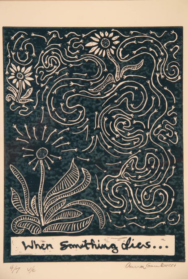 "When Something Dies," 2022. Lino print, 16 x 20 inches, framed, $195.